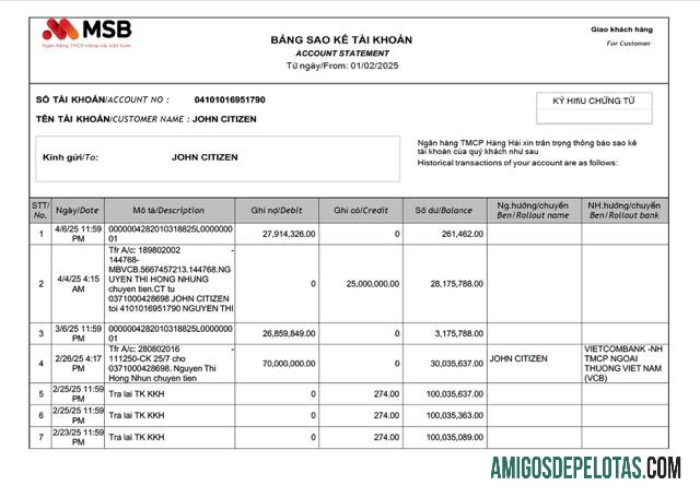 Modelo realista de extrato de conta bancária MSB do Vietnã, modelo Word e PDF